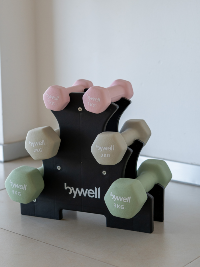 Set 6 Mancuernas Hexagonales Bywell Con Soporte 12kg